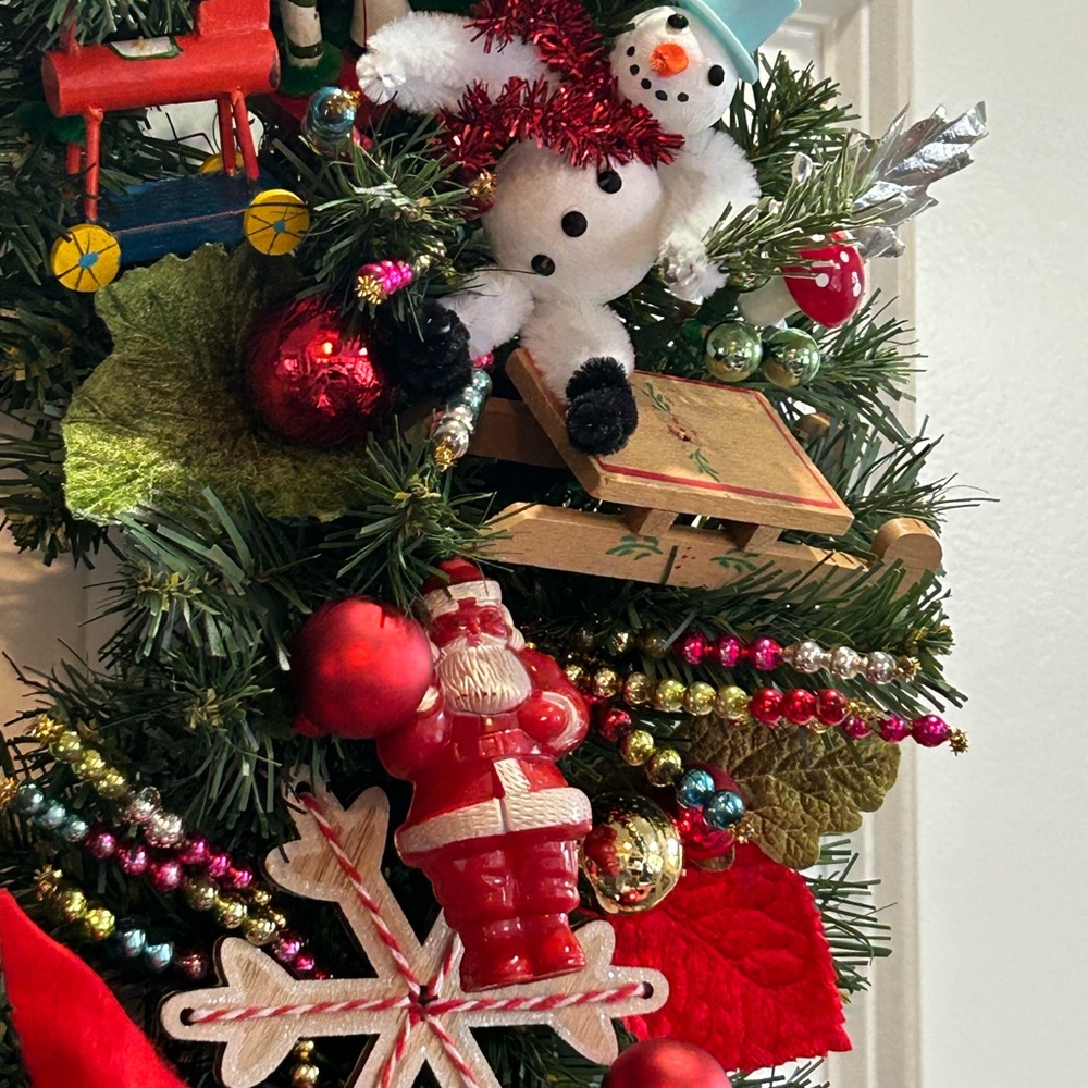 Vintage Repurposed Festive Holiday Wreath with Red Accents - Picture 7 of 10